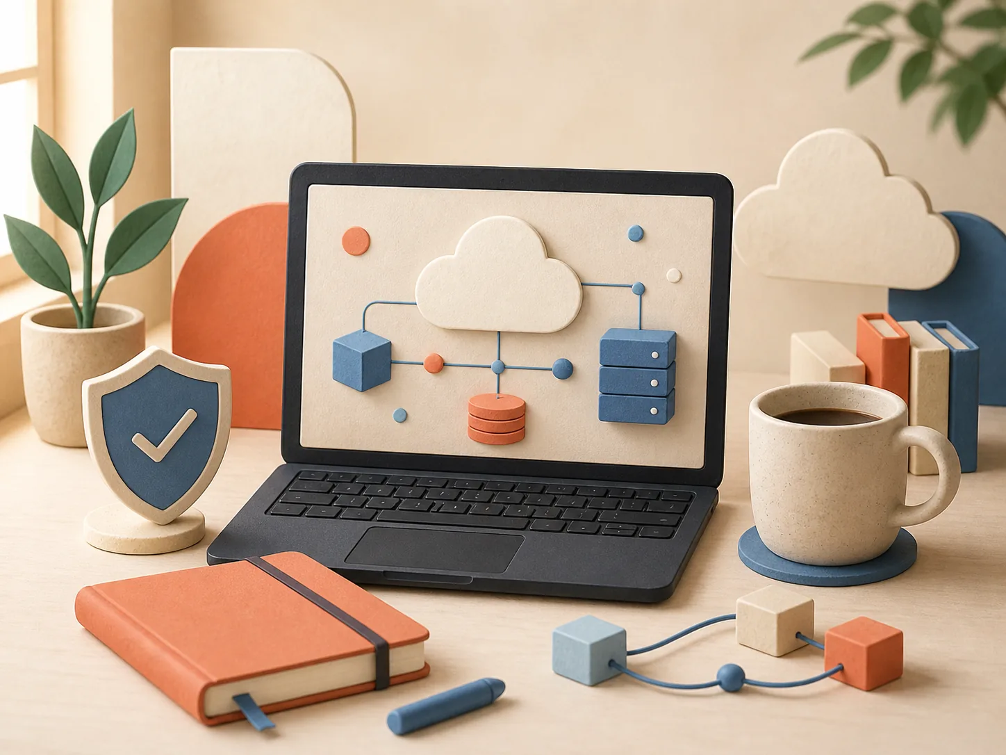 A warm 3D illustration of a cloud engineering desk with security and data symbols