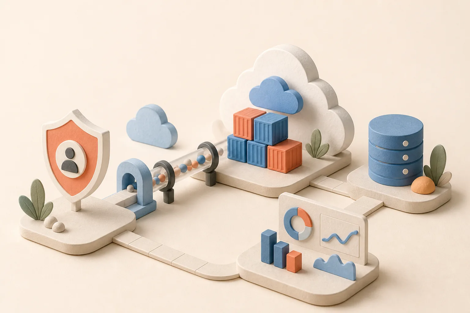 A 3D illustration of a secure cloud platform with containers, data, and monitoring